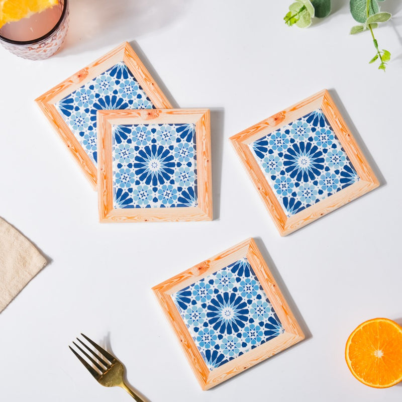 Blue Geometric Florals Framed Square Zellij Art Ceramic Coaster Set Of 4