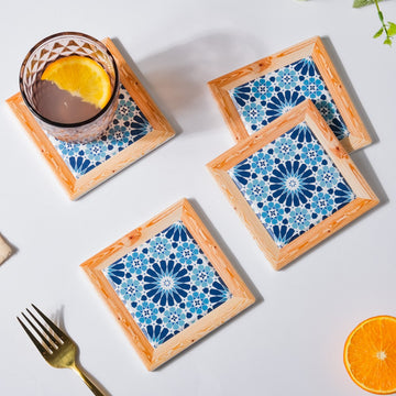 Blue Geometric Florals Framed Square Zellij Art Ceramic Coaster Set Of 4