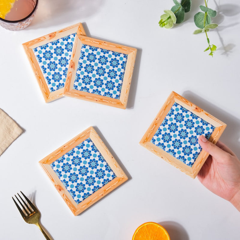 Blue Florals Framed Square Zellij Art Ceramic Coaster Set Of 4