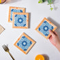 Blue Geometric Florals Framed Square Zellij Art Ceramic Coaster Set Of 4