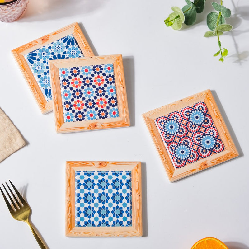 Red And Orange Florals Framed Square Zellij Art Ceramic Coaster Set Of 4