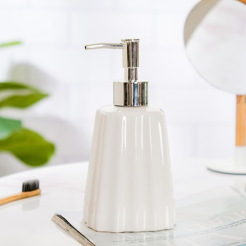 Striped Ceramic Soap Dispenser White 7 Inch
