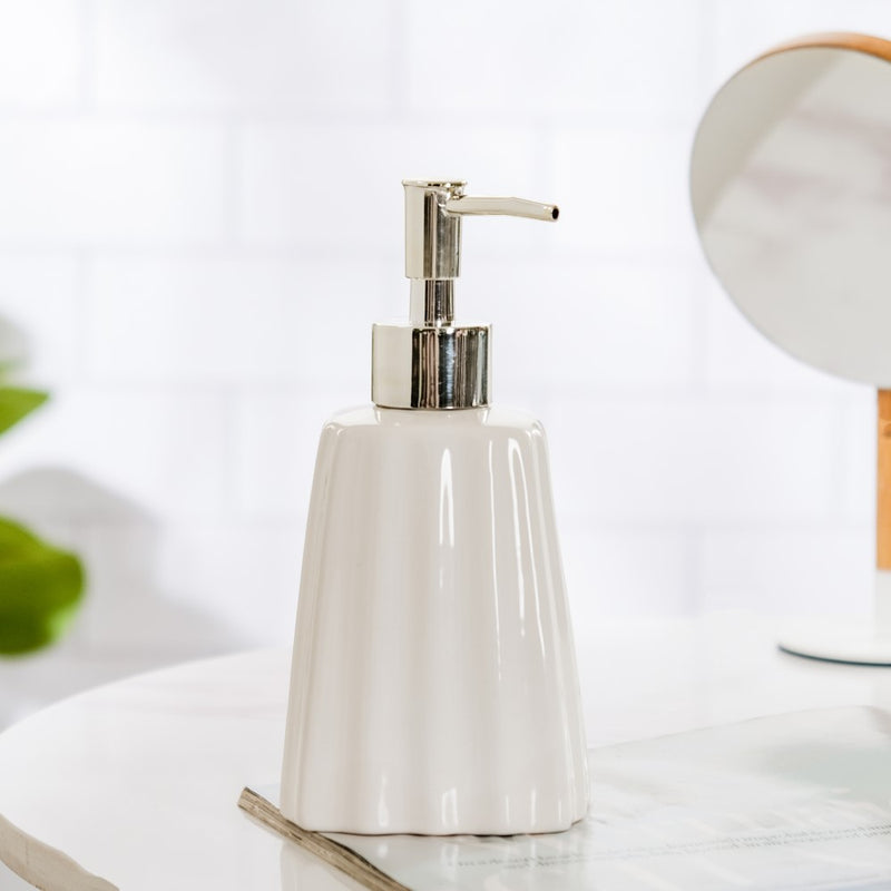 Striped Ceramic Soap Dispenser White 7 Inch