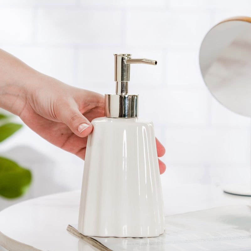 Striped Ceramic Soap Dispenser White 7 Inch