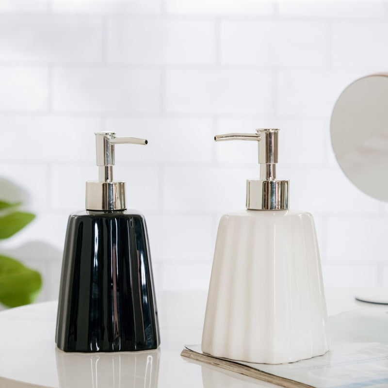 Striped Ceramic Soap Dispenser White 7 Inch