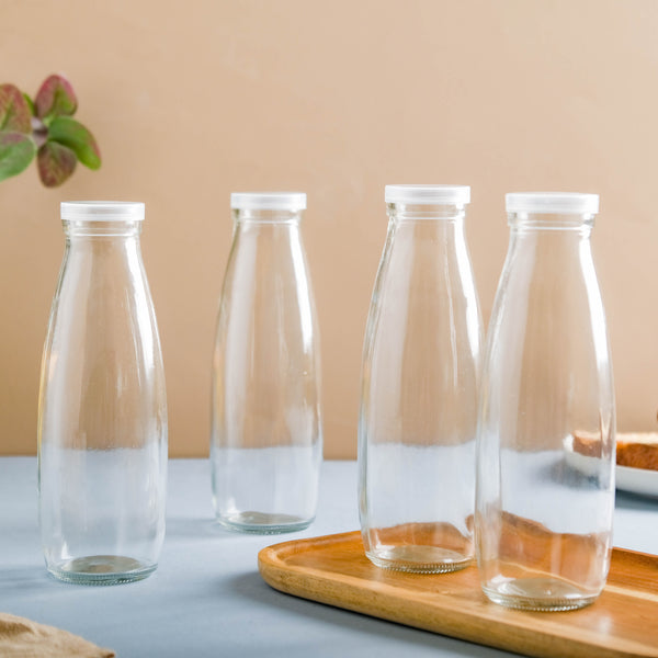 Milk Bottle with Lid Set of 4 - Water bottle, juice bottle, glass bottle | Bottle for Travelling & Dining Table