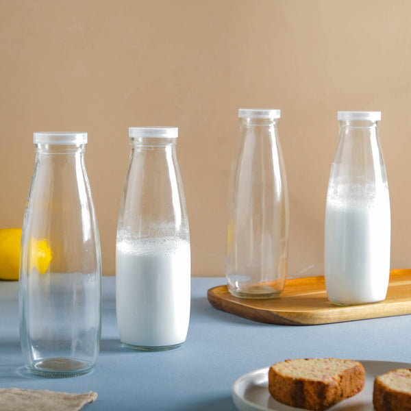 Milk Bottle with Lid Set of 4 - Water bottle, juice bottle, glass bottle | Bottle for Travelling & Dining Table