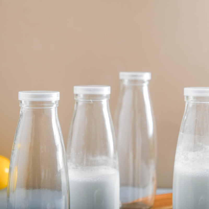 Milk Bottle with Lid Set of 4 - Water bottle, juice bottle, glass bottle | Bottle for Travelling & Dining Table