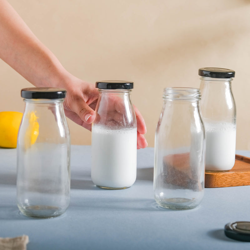 Small Glass Bottle with Lid Set of 4 - Water bottle, juice bottle, glass bottle | Bottle for Travelling & Dining Table