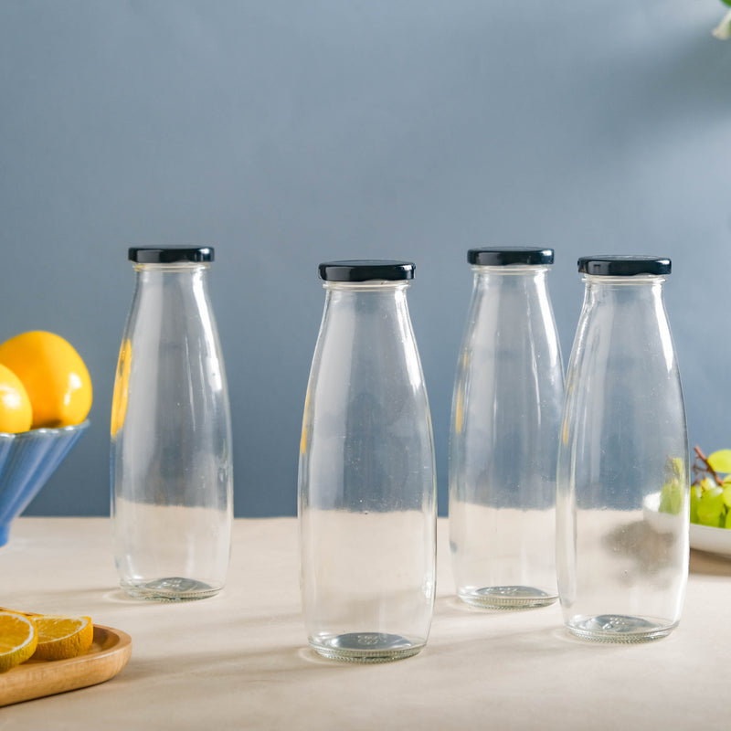 Glass Juice Bottle Set of 4 - Water bottle, juice bottle, glass bottle | Bottle for Travelling & Dining Table