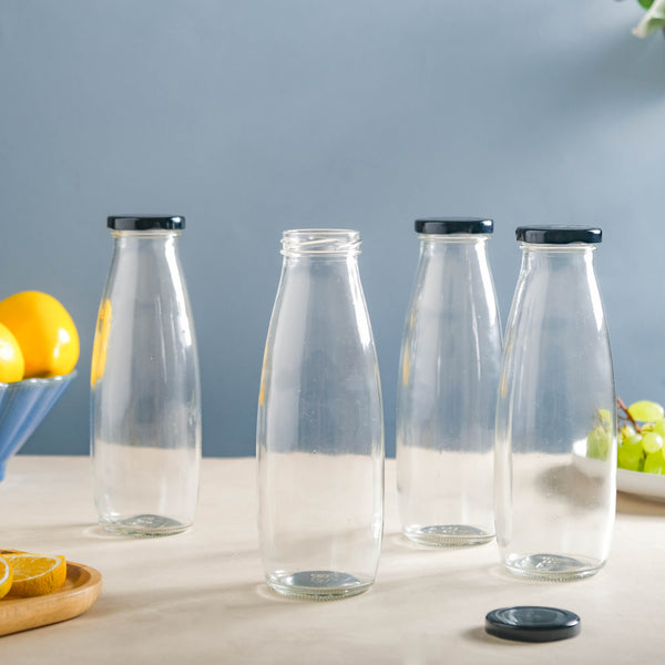 Glass Juice Bottle Set of 4 - Water bottle, juice bottle, glass bottle | Bottle for Travelling & Dining Table