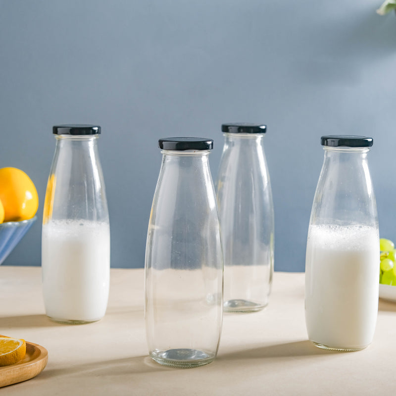 Glass Juice Bottle Set of 4 - Water bottle, juice bottle, glass bottle | Bottle for Travelling & Dining Table