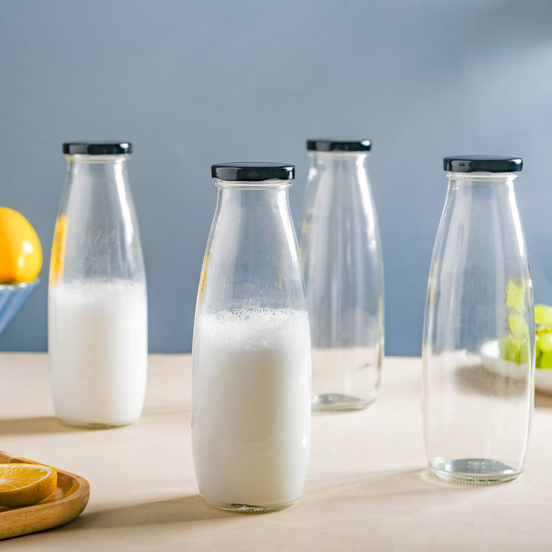 Glass Juice Bottle Set of 4 - Water bottle, juice bottle, glass bottle | Bottle for Travelling & Dining Table