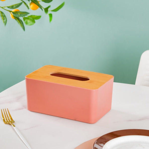 Tissue Box With Wooden Lid Pink