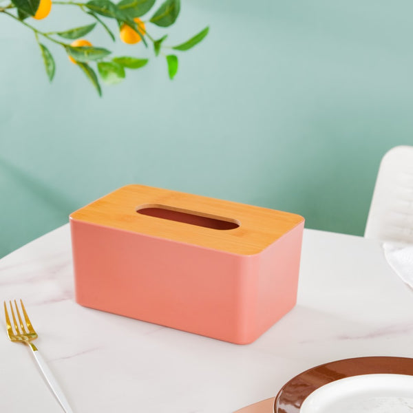 Tissue Box With Wooden Lid Pink