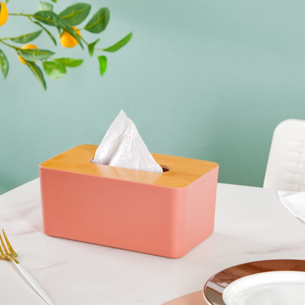 Tissue Box With Wooden Lid Pink
