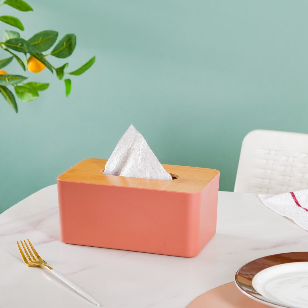 Tissue Box With Wooden Lid Pink