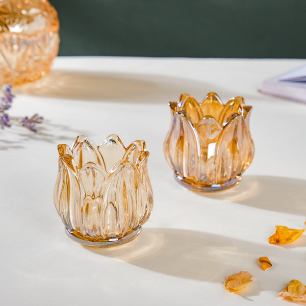 Tulip Glass Tea Light Candle Holder Amber Set Of 2 - Tealight candle holder | Home decoration items