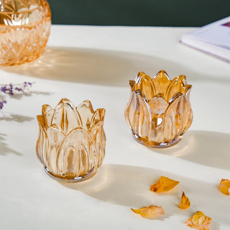 Tulip Glass Tea Light Candle Holder Amber Set Of 2 - Tealight candle holder | Home decoration items