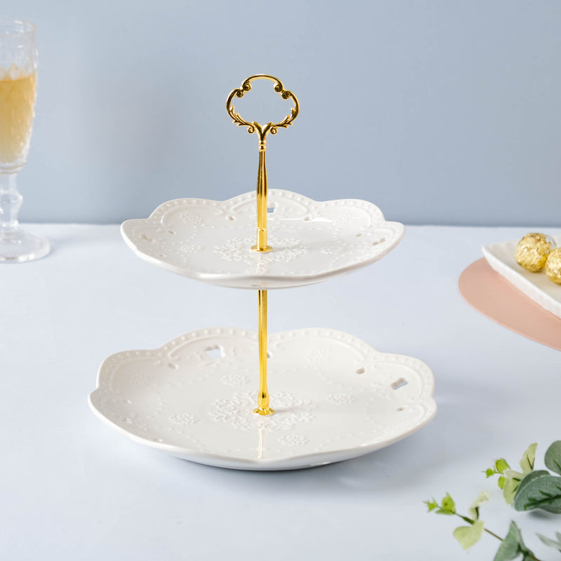 White Crochet Ceramic 2-tier Cupcake Stand
