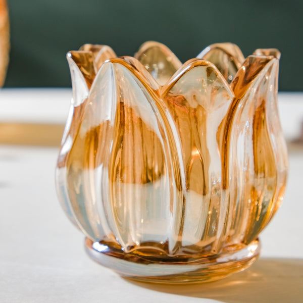 Tulip Glass Tea Light Candle Holder Amber Set Of 2 - Tealight candle holder | Home decoration items