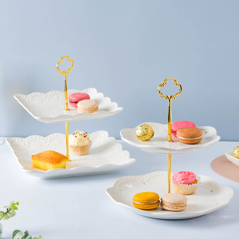 White Crochet Ceramic 2-tier Cupcake Stand