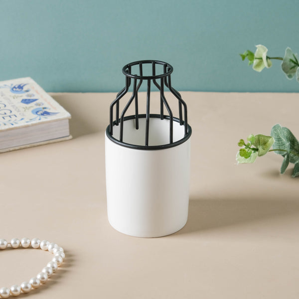 White and Black Planter For Desk - Flower vase for home decor, office and gifting | Home decoration items