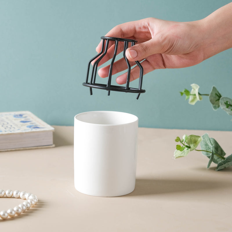 White and Black Planter For Desk - Flower vase for home decor, office and gifting | Home decoration items