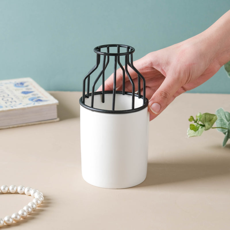 White and Black Planter For Desk - Flower vase for home decor, office and gifting | Home decoration items