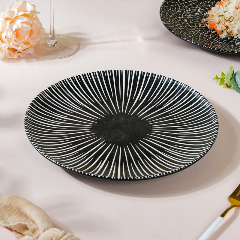 Contemporary Striped Ceramic Dinner Plate Black 9.5 Inch - Serving plate, snack plate, ceramic dinner plates| Plates for dining table & home decor