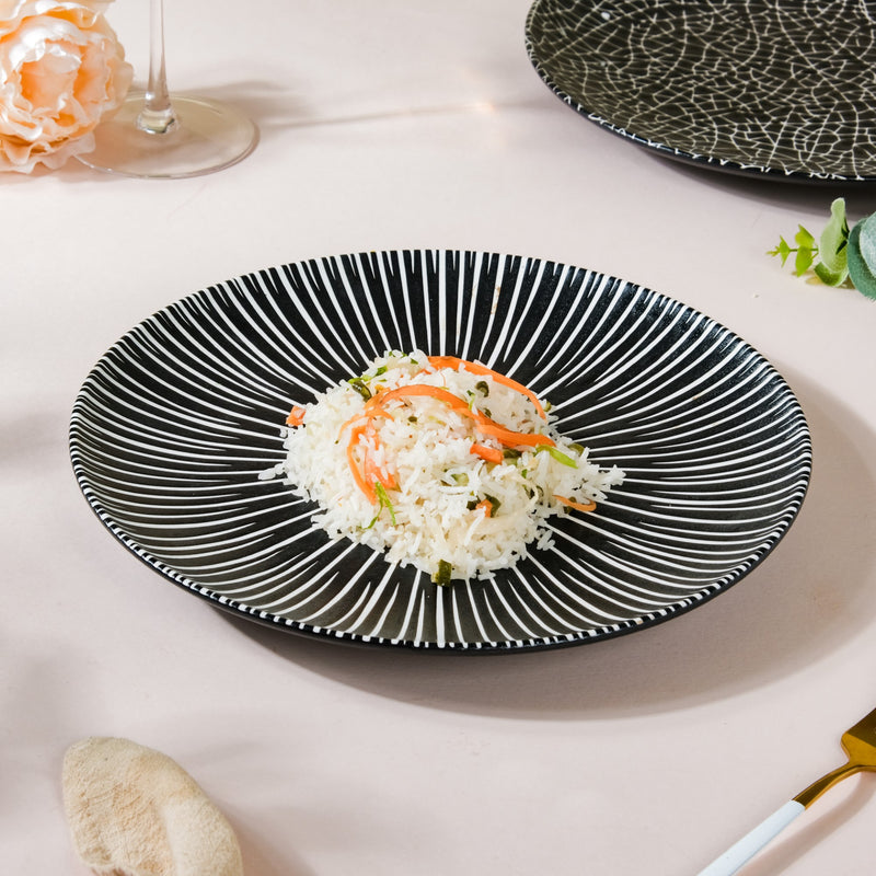 Contemporary Striped Ceramic Dinner Plate Black 9.5 Inch - Serving plate, snack plate, ceramic dinner plates| Plates for dining table & home decor