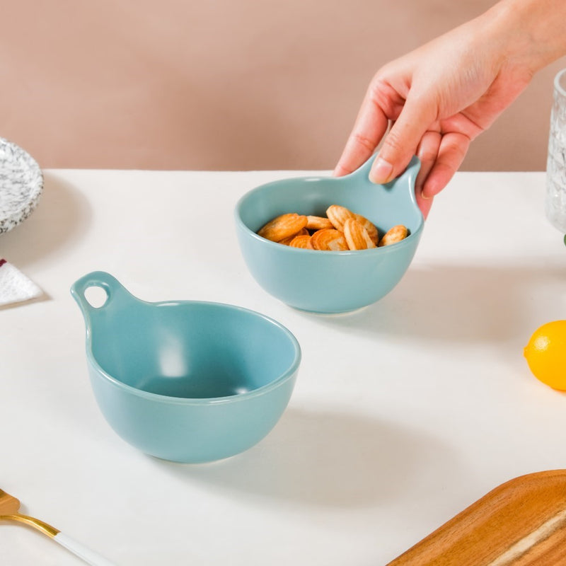 Snack Bowl With Handle Blue Set Of 2 230ml - Bowl,ceramic bowl, snack bowls, curry bowl, popcorn bowls | Bowls for dining table & home decor