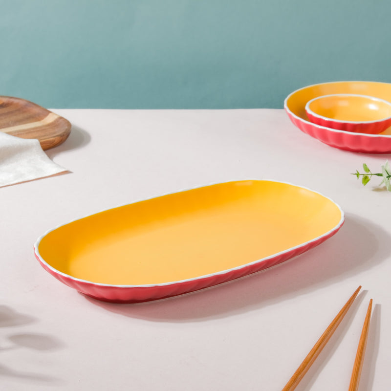 Chrome Long Plate Red 12 Inch - Ceramic platter, serving platter, fruit platter, snack plate | Plates for dining table & home decor