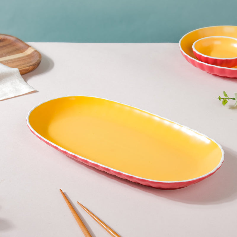 Chrome Long Plate Red 12 Inch - Ceramic platter, serving platter, fruit platter, snack plate | Plates for dining table & home decor