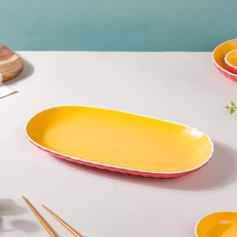 Chrome Long Plate Red 12 Inch - Ceramic platter, serving platter, fruit platter, snack plate | Plates for dining table & home decor