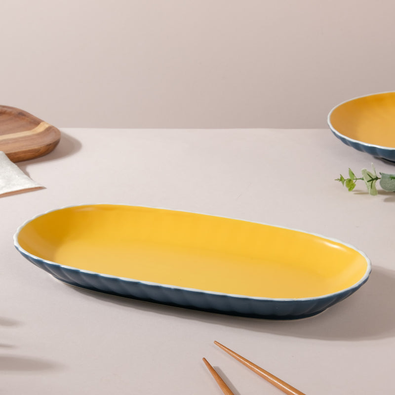 Chrome Long Plate Blue 12 Inch - Ceramic platter, serving platter, fruit platter, snack plate | Plates for dining table & home decor