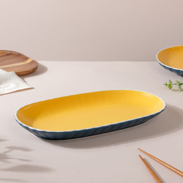 Chrome Long Plate Blue 12 Inch - Ceramic platter, serving platter, fruit platter, snack plate | Plates for dining table & home decor