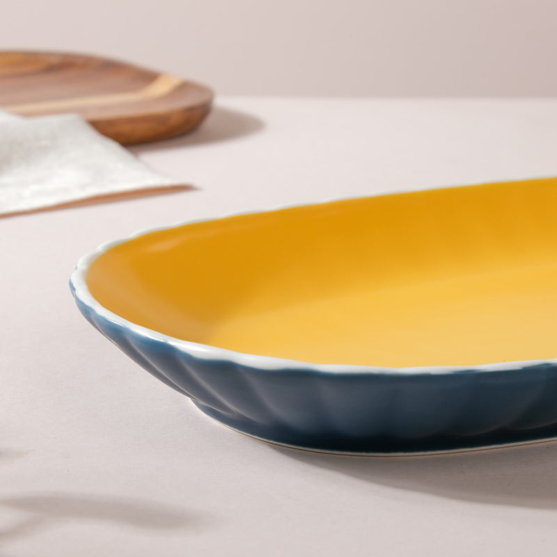 Chrome Long Plate Blue 12 Inch - Ceramic platter, serving platter, fruit platter, snack plate | Plates for dining table & home decor