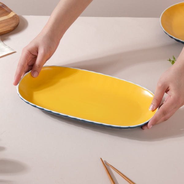 Chrome Long Plate Blue 12 Inch - Ceramic platter, serving platter, fruit platter, snack plate | Plates for dining table & home decor