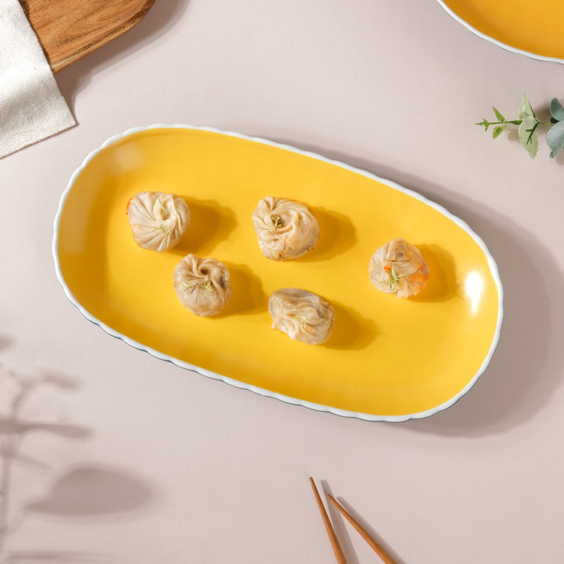 Chrome Long Plate Blue 12 Inch - Ceramic platter, serving platter, fruit platter, snack plate | Plates for dining table & home decor