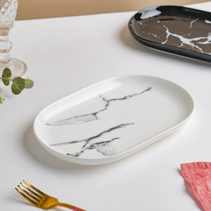 Marble Patterned Oval White Platter 10 Inch - Ceramic platter, serving platter, fruit platter | Plates for dining table & home decor