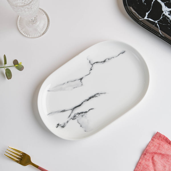 Marble Patterned Oval White Platter 10 Inch - Ceramic platter, serving platter, fruit platter | Plates for dining table & home decor