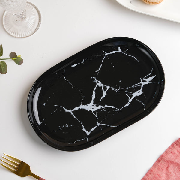 Marble Patterned Black Oval Platter 10 Inch - Ceramic platter, serving platter, fruit platter | Plates for dining table & home decor