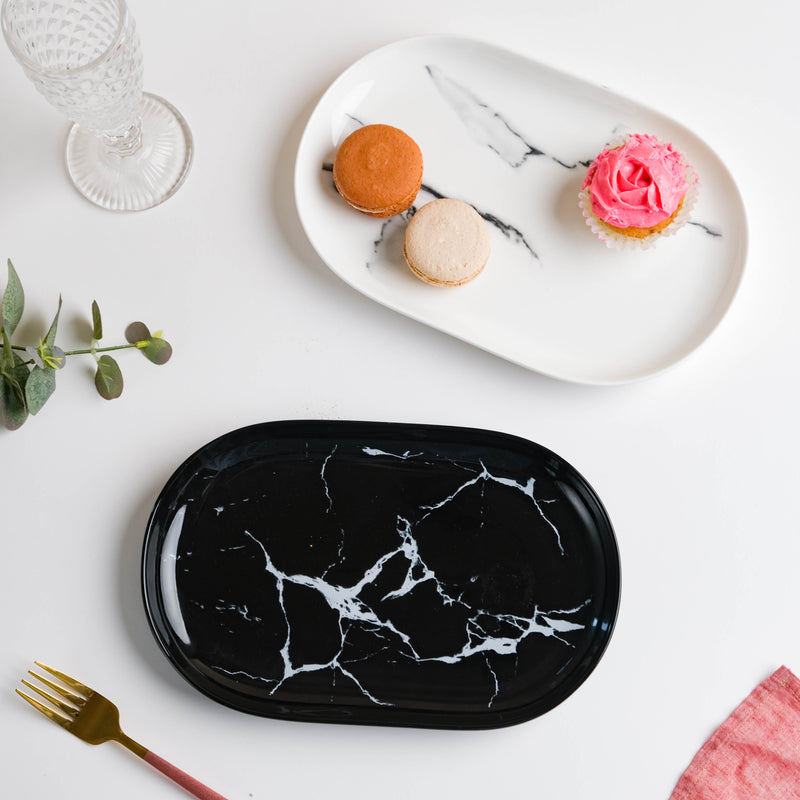 Marble Patterned Black Oval Platter 10 Inch - Ceramic platter, serving platter, fruit platter | Plates for dining table & home decor