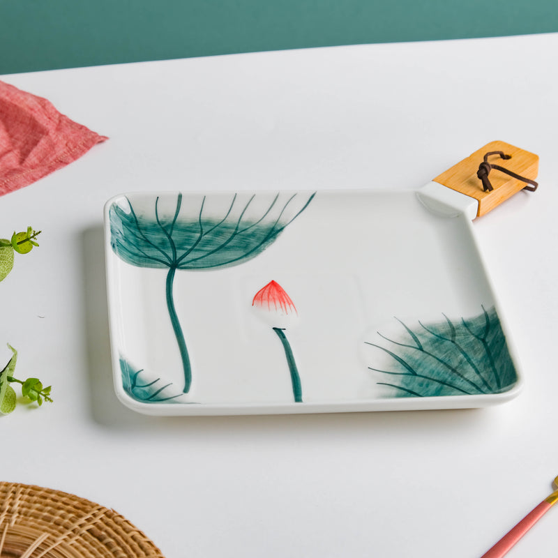 Lotus Leaf Square Platter With Handle 12 Inch Large - Ceramic platter, serving platter, fruit platter | Plates for dining table & home decor
