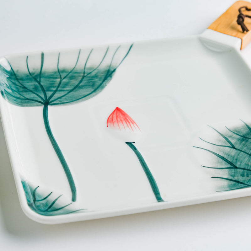 Lotus Leaf Square Platter With Handle 12 Inch Large - Ceramic platter, serving platter, fruit platter | Plates for dining table & home decor