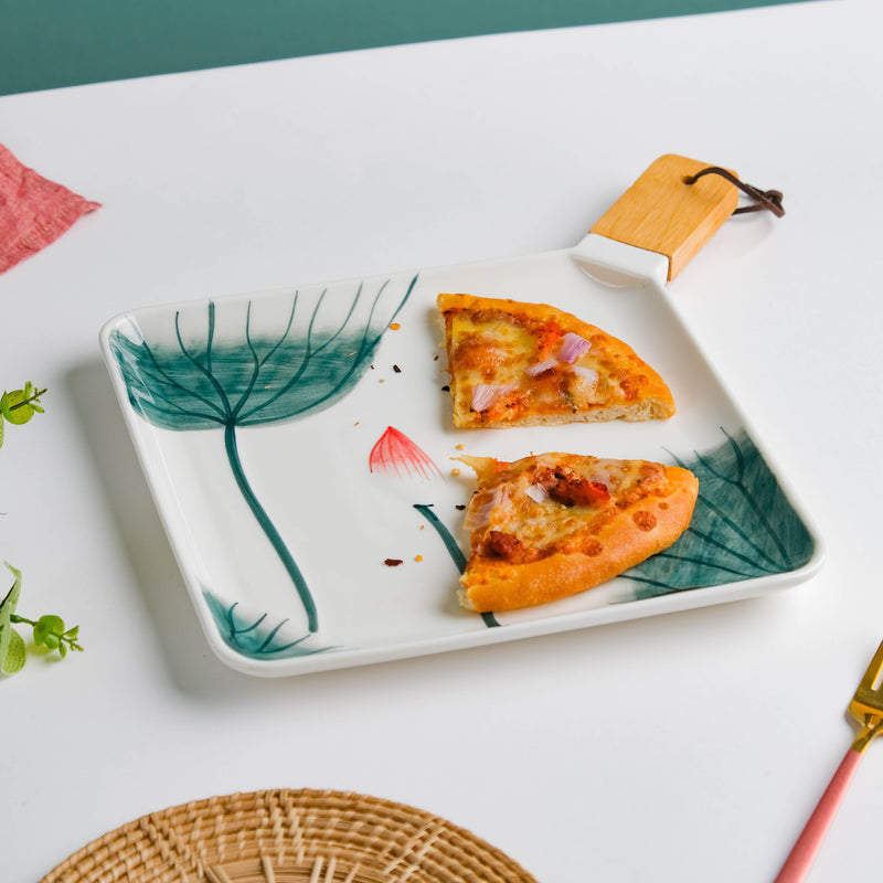 Lotus Leaf Square Platter With Handle 12 Inch Large - Ceramic platter, serving platter, fruit platter | Plates for dining table & home decor