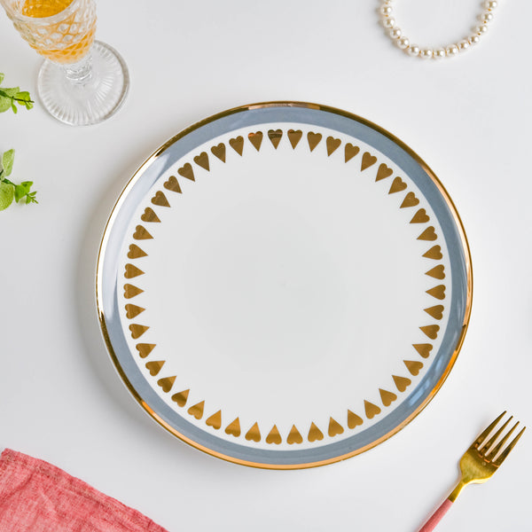 Ring Of Hearts Grey Gold Dinner Plate 11 inch - Serving plate, rice plate, ceramic dinner plates| Plates for dining table & home decor