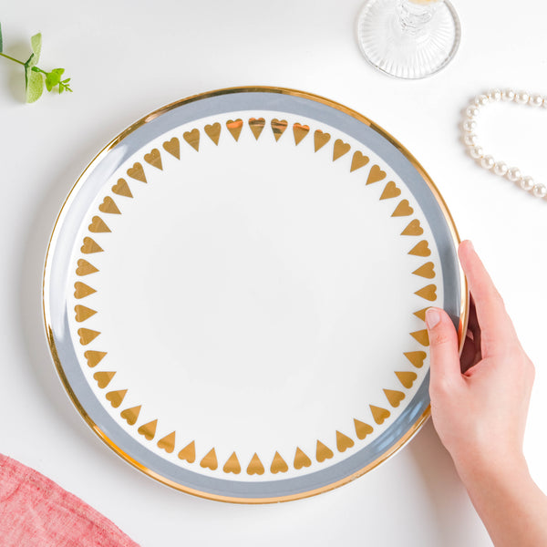 Ring Of Hearts Grey Gold Dinner Plate 11 inch - Serving plate, rice plate, ceramic dinner plates| Plates for dining table & home decor