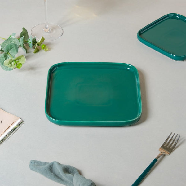 Verdant Square Ceramic Snack Plate Green 7.5 Inch - Serving plate, snack plate, dessert plate | Plates for dining & home decor